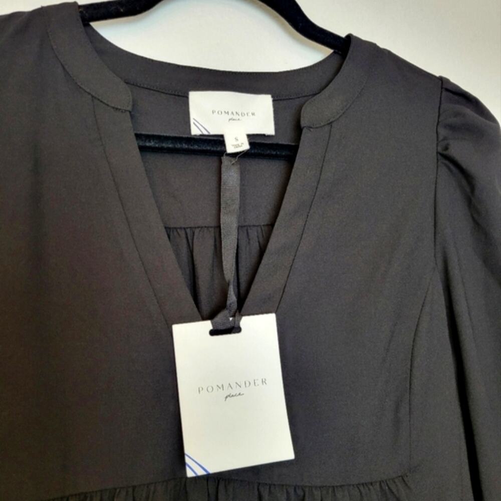 🚨NEW POMANDER PLACE Tuckernuck Black Crepe Kenzo Tiered Mini Dress Sz Small - Picture 5 of 16